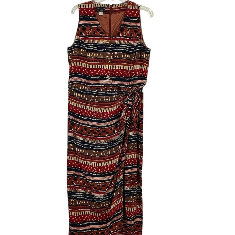 Vintage 80s Silk Tribal Print Faux Wrap Dress 14